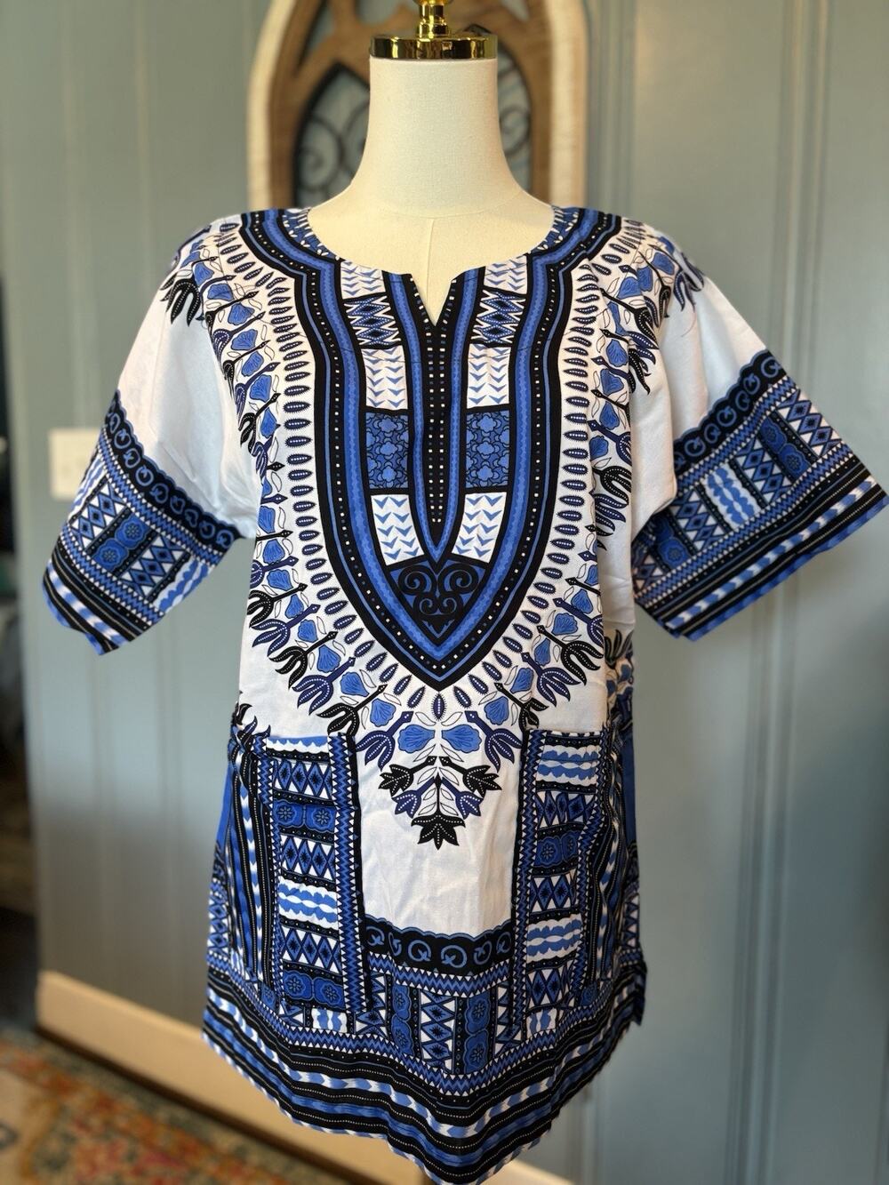 Womens Colorful Dopamine S White Blue Black Cotton Woven Floral Tunic Pockets